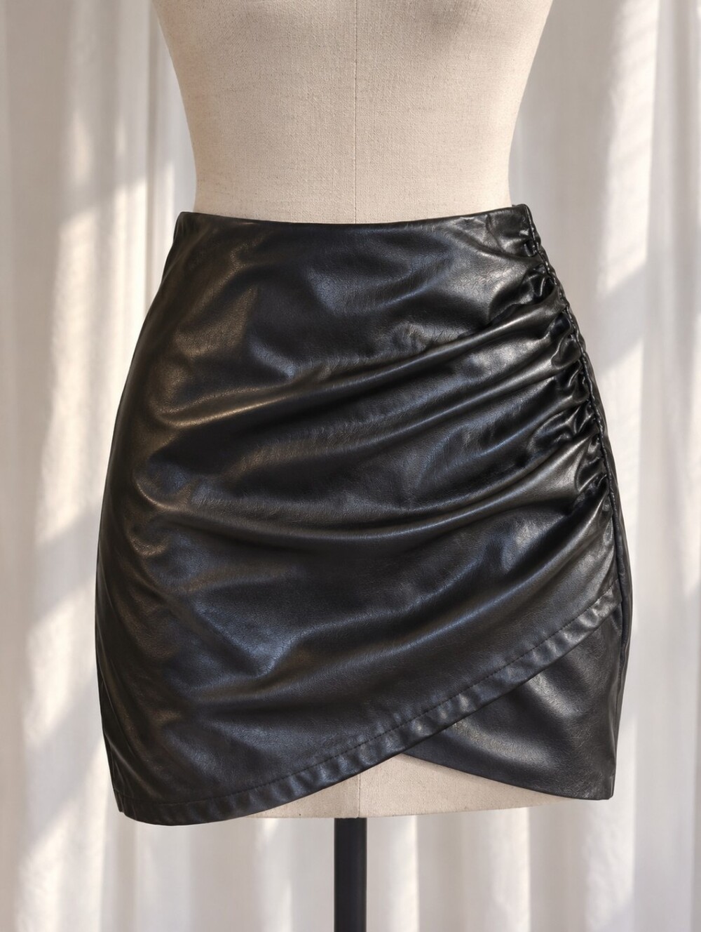 Faux Leather Black Ruched Tulip Hem Asymmetric Bodycon Mini Skirt